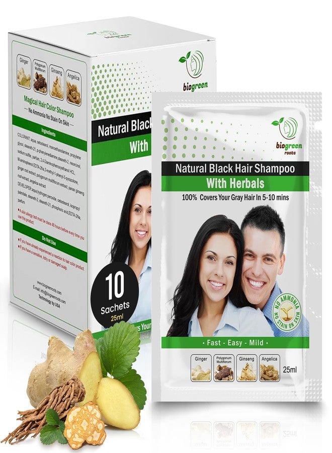BIOGREEN ROOTS Ammonia-Free & Paraben Free Herbal Hair Shampoo - Hair Dye Shampoo for Women & Men - Natural Color and Herbal Nourishment - No Stain on Skin - Natural Black (10 sachets x 25 ml) - Image 1